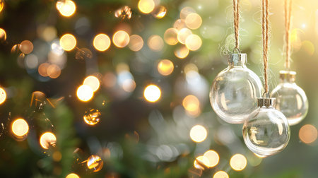 Elegant Glass Christmas Ornaments Hanging from a Tree with Warm Festive Lights. Concept of Holiday Spirit, Seasonal Decor, and Family Celebrations during the Winter Season. Copy space.の写真素材