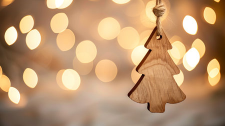 Elegant Wooden Christmas Tree Ornament Against Golden Bokeh Lights. Concept of Festive Decoration, Holiday Spirit, Warm Ambiance, and Traditional Celebrations. Copy space.の写真素材