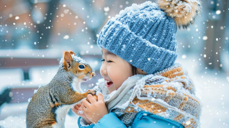 Joyful Girl in Winter Attire Delighting in a Snowy Encounter with a Curious Squirrel. Concept of Childhood Wonder, Outdoor Adventure, Winter Fun, and Animal Interaction.の写真素材