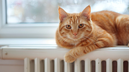 Ginger Cat Relaxing on a Stylish Radiator by a Sunny Window. Concept of Cozy Pet Comfort, Home Relaxation, Warmth, and Peaceful Indoor Environment. Copy space.の写真素材