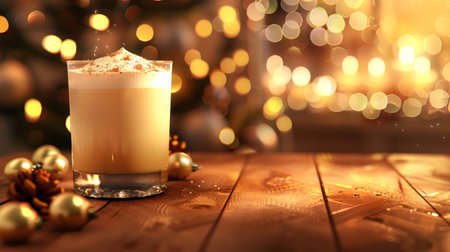 Festive Eggnog with Cinnamon in a Cozy Holiday Setting. Concept of Christmas Celebrations, Warm Winter Drinks, Golden Lighting, and Seasonal Decor. Copy space.の写真素材