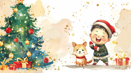 Cute Watercolor Illustration of Young Asian Boy in Santa Hat with Dog by Christmas Tree Concept of Holiday Cheer, Childhood Joy, Festive Celebrations, Christmas Spirit. Copy space.の写真素材