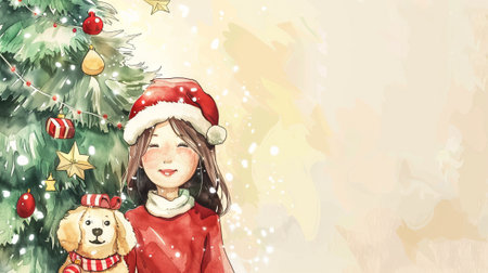 Watercolor Illustration of a Happy Asian Girl in Santa Hat Hugging a Christmas Dog Toy by a Decorated Tree. Concept of Holiday Joy, Festive Spirit, Childhood Happiness. Copy space.の写真素材
