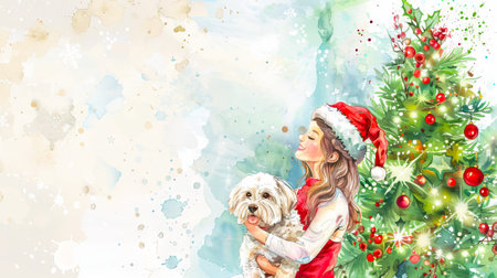 Watercolor Illustration of a Happy Woman in Santa Hat with Dog by a Christmas Tree. Concept of Holiday Celebration, Pet Companionship, Festive Joy, and Seasonal Cheer. Copy space.の写真素材