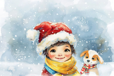 Adorable Child and Dog in Winter Wonderland with Snowflakes - Concept of Holiday Joy, Childhood Adventure, Seasonal Cheer, Christmas Wonderland, and Friendship - Watercolor Art. Copy space.の写真素材
