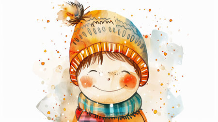 Cute Watercolor Illustration of Smiling Child in Warm Winter Hat and Scarf. Concept of Childhood Joy, Cozy Fashion, Seasonal Happiness, Artistic Expression.の写真素材