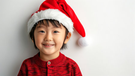 Smiling Asian Child in Santa Hat Celebrating Holiday Cheer. Concept of Christmas Joy, Festive Season, Childhood Happiness, and Holiday Spirit. Isolated on white background.の写真素材