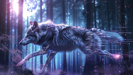 Cybernetic Wolf Leaping Through a Digital Neon Forest Under a Moonlit Sky, Concept of Futuristic Wildlife, Digital Transformation, Science Fiction, Nature and Technology.の写真素材