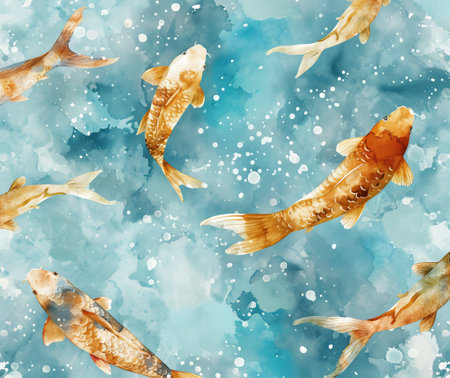 Watercolor illustration of koi fishes scattered on light blue background, concept of tranquility and nature's beauty.の写真素材