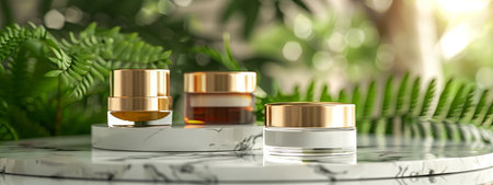 Luxurious skincare jars with creams and serums on marble surface surrounded by greenery. concept of natural beauty, luxury skincare, and elegance. Banner. Copy space.の写真素材