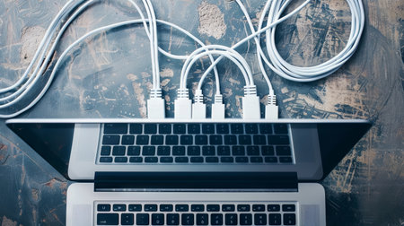 Minimalistic view of internet wires connected to a laptop concept of technology, connectivity, data transfer, and networking.の写真素材