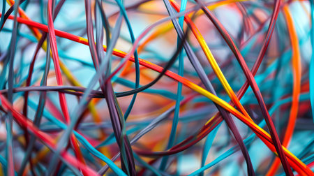 Vibrant abstract closeup of intertwined internet wires representing connectivity and technology concepts. Background.の写真素材