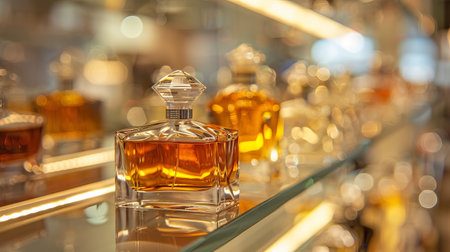 Luxurious Perfume bottles arranged on a sleek glass shelf in a boutique store, illuminated by warm lighting. Concept of luxury fragrance, product presentation, and retail display. Copy space.の写真素材