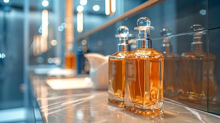 Elegant perfume bottles displayed on a modern marble vanity in a luxurious bathroom scene. Concept of luxury fragrance, product presentation, beauty, mock up. Copy space.の写真素材