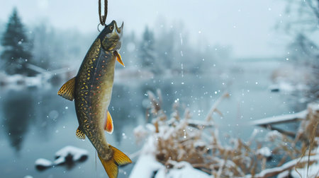 Freshly caught trout hanging on a digital fish scale in a snowy winter landscape. concept of outdoor fishing adventure, nature, catch, cold season.の写真素材