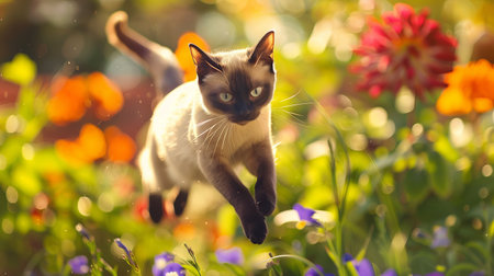 Siamese cat leaping through a sunlit garden with vibrant flowers showcasing grace and agility in a lush natural setting.の写真素材
