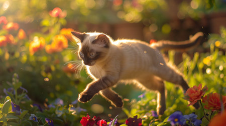Energetic siamese cat leaping in a sunlit garden with vibrant flowers.の写真素材