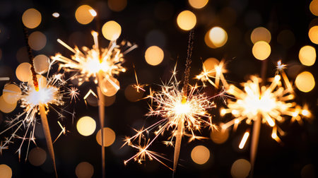 Glowing sparklers in a row with bokeh effect, perfect for celebrations and festive atmosphere. Happy New Year, Merry Christmas. Background.の写真素材