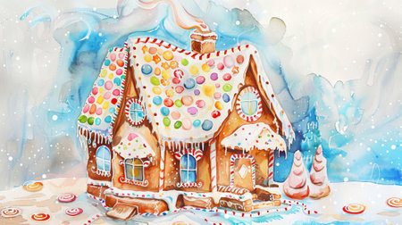 Charming watercolor of a Christmas gingerbread house with candy decorations in a winter wonderland.の写真素材