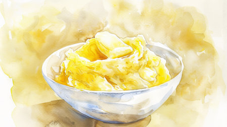 Watercolor illustration of a bowl of rich creamy mashed potatoes - concept of comfort food and culinary art.の写真素材