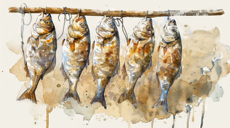 Watercolor illustration of dried fish hanging on a rod. concept of rustic cuisine, traditional preservation, artistic seafood display.の写真素材