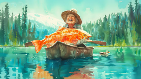 Watercolor illustration of an elderly woman in a boat holding a giant fish with a joyful expression,...