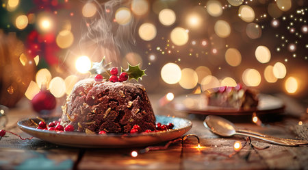 Delicious traditional Christmas pudding with holly and berries on a festive table. concept of holiday tradition, seasonal celebration, and winter festivity. Copy space.の写真素材