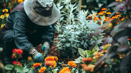 Gardener in protective gear working with vibrant flowers in a well-maintained garden. Concept of gardening, horticulture, nature care, and outdoor activityの写真素材
