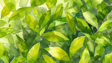 Watercolor illustration of densely packed green leaves with one yellow leaf on a green background.の写真素材
