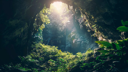Scenic View from a Cave Entrance at Dusk with Natural Light and Lush Greenery. Concept of Outdoor Adventure, Nature Exploration, Tranquil Retreat.の写真素材