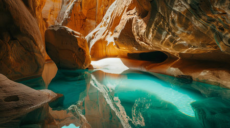 Turquoise Cave Pool with Sunlit Reflections and Natural Rock Formations, Concept of Tranquil Escape,...