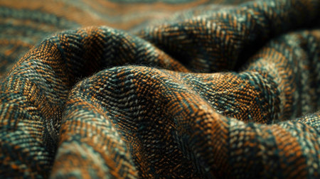 Close-Up View of Classic Tweed Fabric in Earthy Tones Highlighting Detailed Texture and Rich Patterns, Concept of Traditional Fashion, Elegant Textiles. Textured background. Copy space.の写真素材