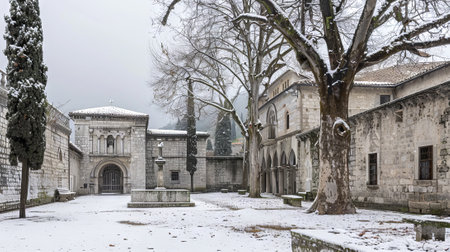Serene Monastery Courtyard Blanketed in Snow, Embracing Winter's Tranquility.
