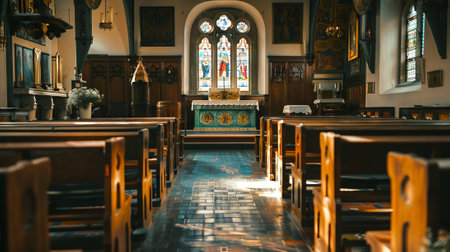 Historic Monastery Interior with Beautiful Stained Glass Windows, Benches, and Altar - Concept of Spiritual Serenity, Architectural Beauty, Heritage Preservation.の写真素材