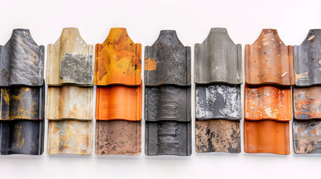 Colorful Assortment of Roof Tile Samples Showcasing Diverse Patterns and Materials for Modern Architectural Designs.の写真素材