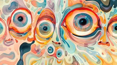 Vibrant Surreal Watercolor Illustration of Quirky Animal Eyes with Dreamy Abstract Patterns and Multicolored Swirls.の写真素材