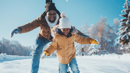 African American Father and Child Bonding in the Snow. Concept of Family Fun, Winter Joy, Outdoor Adventure, and Playful Moments.の写真素材