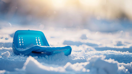 Minimalist Image of Blue Plastic Sled on a Sunlit Snowy Landscape. Concept of Winter Adventure, Outdoor Fun, Seasonal Playtime, and Snow Activities.の写真素材