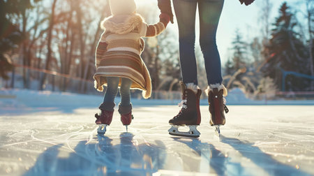 Mother and Daughter Ice Skating on a Sunny Winter Day. Concept of Family Bonding, Outdoor...