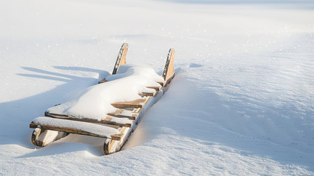 Traditional Wooden Sled Covered in Snow on a Serene Winter Day. Concept of Calm Winter Landscapes, Outdoor Recreation, Seasonal Beauty, and Nostalgic Childhood Memories.の写真素材