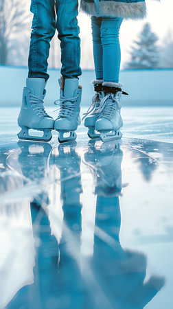 Two Children Ice Skating on Reflective Frozen Lake. Concept of Winter Sports, Childhood Fun, Outdoor Activities, Sibling Bonding. Vertical.の写真素材