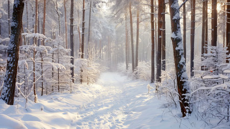 Serene Winter Forest Path with Snow-Covered Trees in a Peaceful Setting. Concept of Tranquility, Pristine Nature, Frosty Landscape, and Winter Wilderness.の写真素材