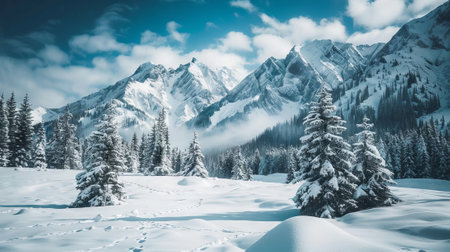 Snowy Mountain Landscape with Majestic Peaks and Pine Trees in Winter Wonderland, Concept of Tranquil Nature, Alpine Adventure, Pristine Wilderness.の写真素材