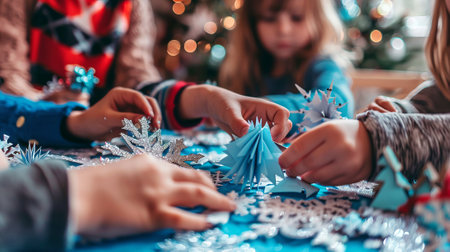 Children Crafting Winter Decorations in a Cozy Setting. Concepts of Creativity, Childhood, Holiday...