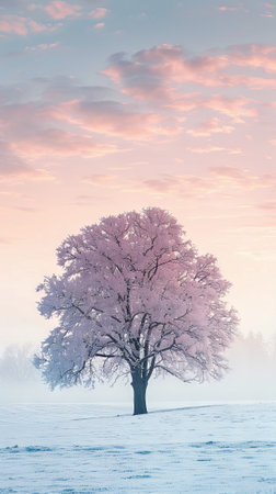 Scenic Winter Landscape with Frost-Covered Tree at Sunset, Capturing Peaceful Solitude, Natural Beauty, and Serene Sky. Vertical.の写真素材