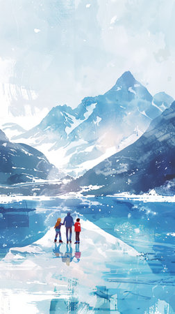 Watercolor Art of a Family Ice Skating on a Frozen Lake with Majestic Mountain Views, Concept of Winter Adventure, Outdoor Activities, Family Bonding, and Scenic Nature Exploration. Vertical.の写真素材