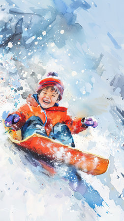 Cheerful Young Boy Sledding Down a Snowy Hill in Vibrant Watercolor Art. Concepts of Winter Adventure, Childhood Joy, Outdoor Fun, Seasonal Excitement. Vertical.の写真素材