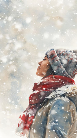 Watercolor Illustration of Young African American Woman Enjoying Snowfall. Concept of Winter Serenity, Reflective Moments, Seasonal Beauty. Vertical.の写真素材