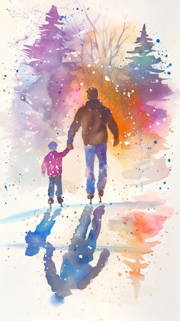 Watercolor Illustration of Father and Son Ice Skating Together in a Colorful Winter Scene, Concept of Family Bonding, Outdoor Activities, and Seasonal Joy. Vertical.の写真素材