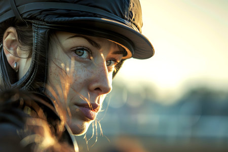 Female jockey riding a horse at sunset. Concept of equestrian sport, horse riding, competitive...